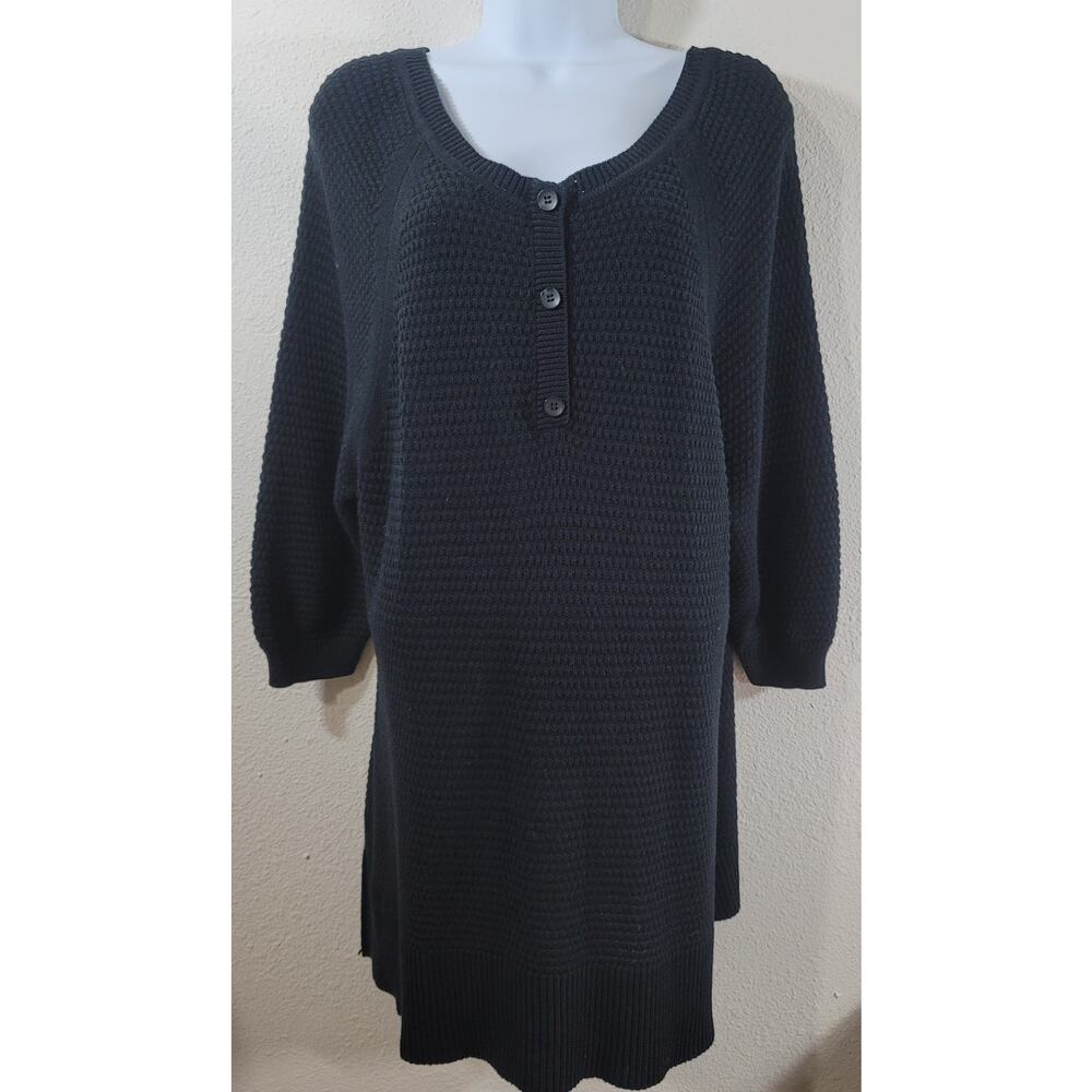 Black Waffle Knit V Neck 3 Button Henley Sweater XL 3/4 Sleeves Soft Stretchy